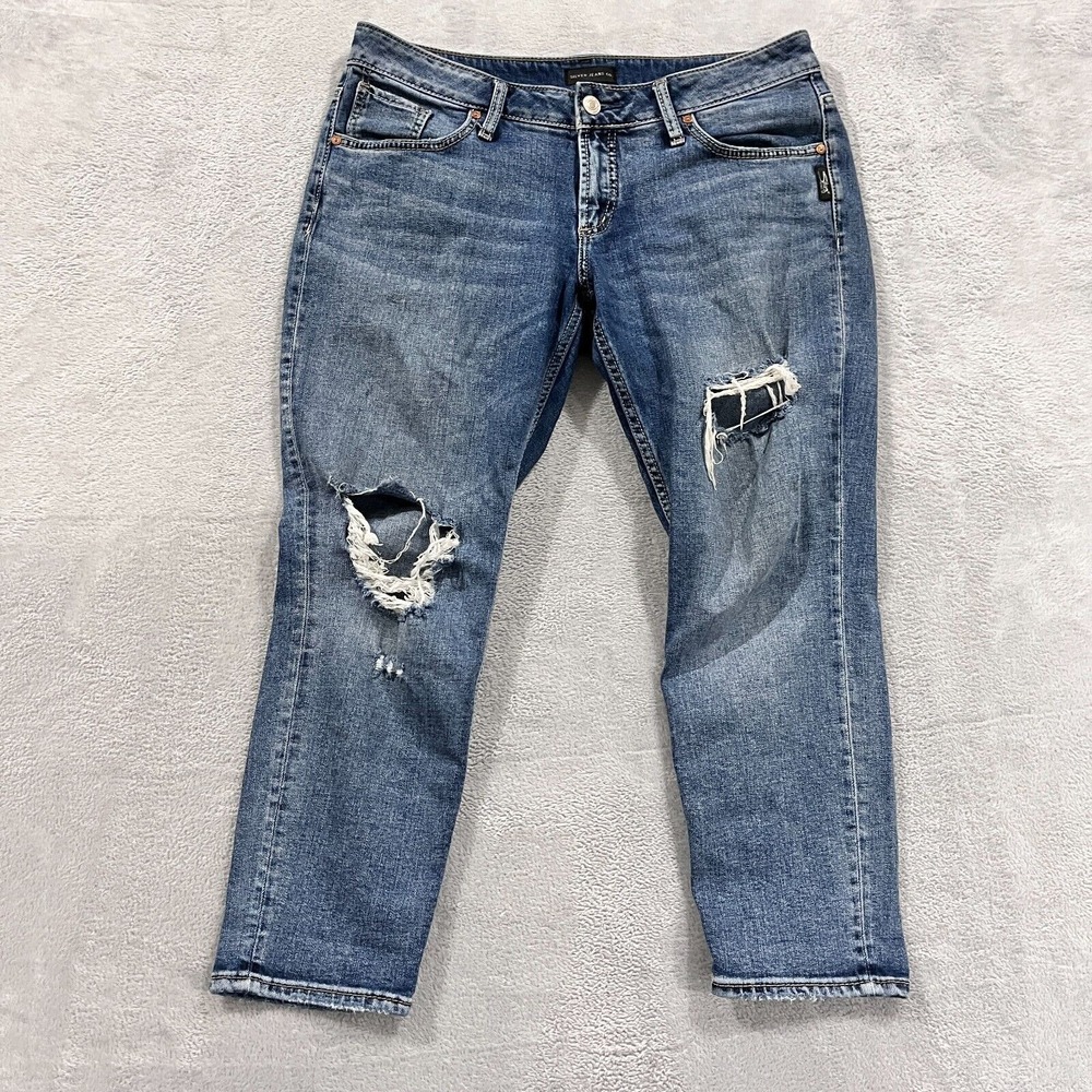 Silver Jeans Women 29x25 Blue Boyfriend Ankle Whiskered Distressed Denim Stretch